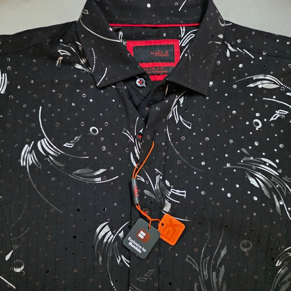 Eight X Premium Mens Slim Fit Black Silver Foil Eyelet Button Down Shirt Buckle